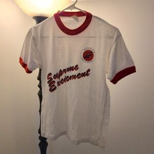 VTG 80s Women's Small Supreme Excitement Ringer Shirt Paper Thin Sports USA